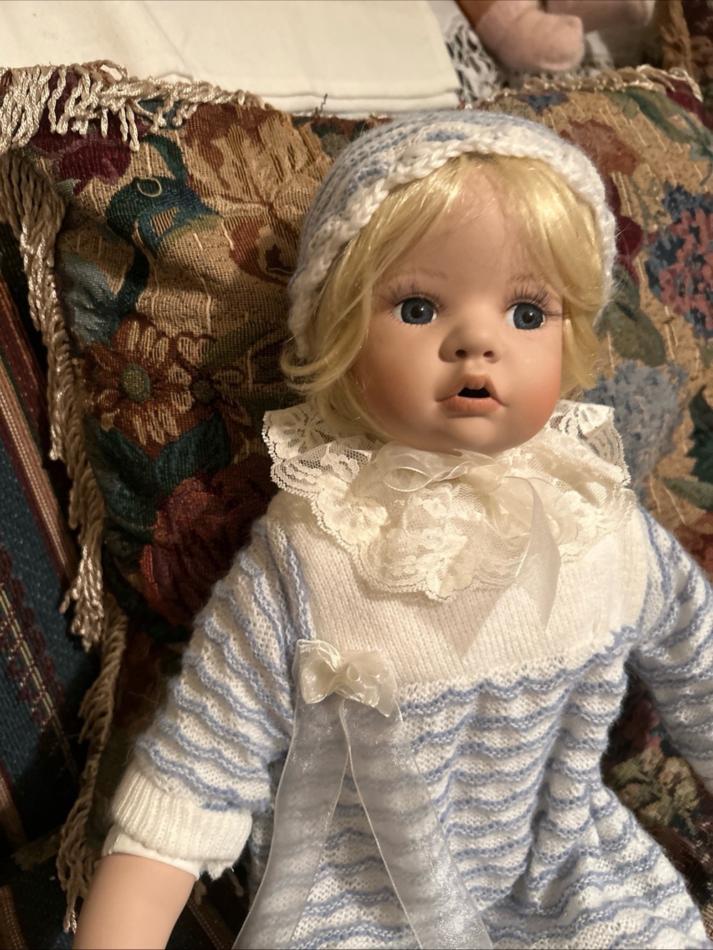 Porcelain Baby Doll in Cream & Light Blue Knit Outfit